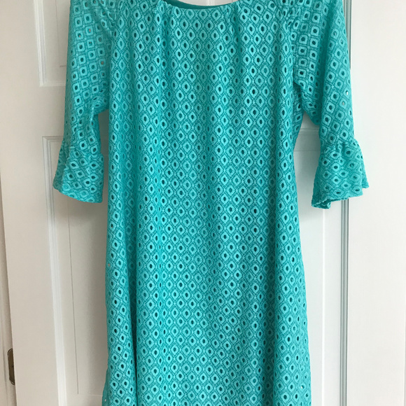 Turqoise/teal dress with crocheted design - Picture 2 of 3